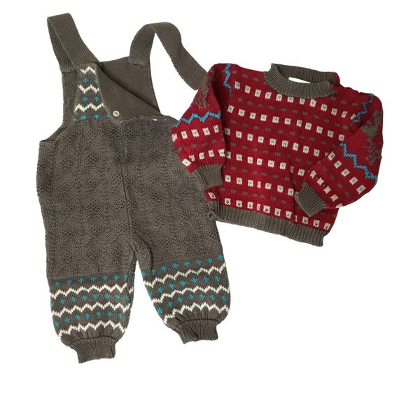 VTG BABY CLAIRE 18M Knit Reindeer Sweater Gray Overalls Fair Isle Toddler VBC - Picture 1 of 10